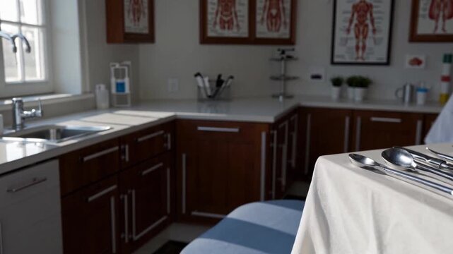Dental Instruments On Draped Tray Lined Up Beside Sink And Window In Bright Treatment Room, Cabinets And Anatomy Charts On Walls, Polished Metal Tools Gleaming In Natural Daylight, Hygienist Prep