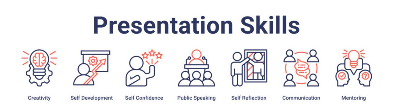 Presentation Skills banner web icon vector illustration concept for education with icon of Creativity, Self Development, Self Confidence, Public Speaking, Self Reflection, Communication.