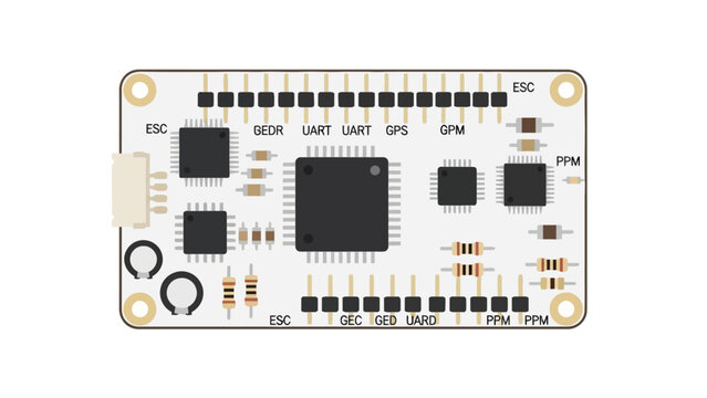Electronic circuit board with integrated circuits resistors and connectors