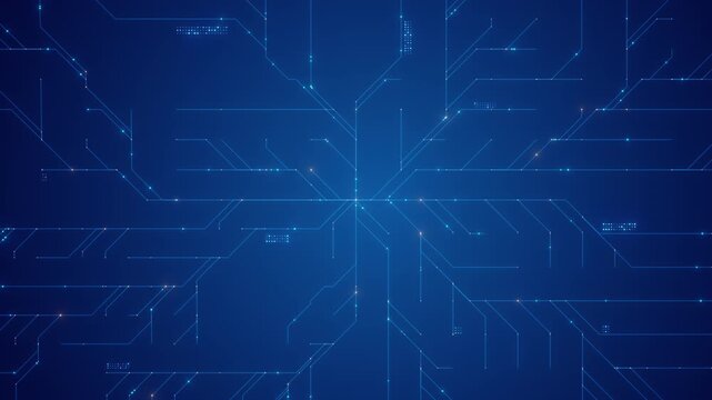 3D render: Digital technology blue background. Abstract circuit board lines, glowing dots, network data flow. Futuristic motion graphic backdrop. Concept: AI, big data, cyber security, connectivity.