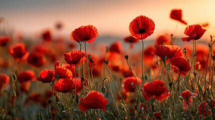 Field of vibrant red poppy flowers blooming in a meadow at sunset with warm golden light