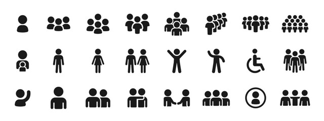 People and user silhouettes icons showing individuals, groups and crowd concepts. Black filled glyph symbols for UI, HR, social media, business dashboards, apps and corporate interfaces.