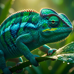 Obraz premium Chameleons change color by manipulating specialized skin cells called iridophores, which contain nanocrystals, pigments, producing a variety of spectacular colors for camouflage or communication.