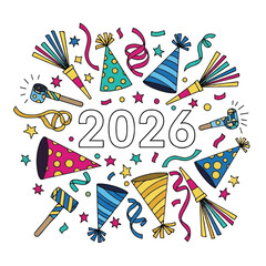 Obraz premium Colorful illustration of party hats, noisemakers, and confetti surrounding the year 2026 in bold font on a white background with a celebratory mood.