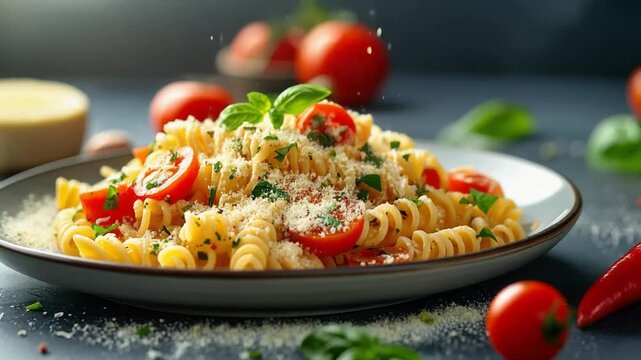 A fresh fusilli pasta dish with cherry tomatoes, basil, and grated cheese, captured in a vibrant Italian-inspired food scene highlighting freshness and flavor.