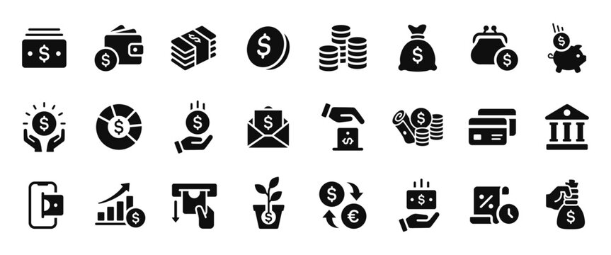 Money and finance icons with banking, payments, savings, investment and income concepts. Black filled symbols for financial apps, fintech, business dashboards, accounting and corporate projects.