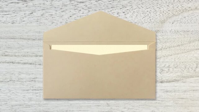 Envelope opening card reveal on wooden table - ivory