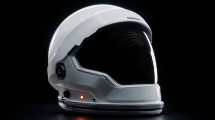 Futuristic white astronaut helmet with dark visor against a black background