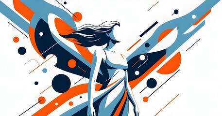 An energetic abstract piece showing a woman’s profile with wind-swept hair and wings.