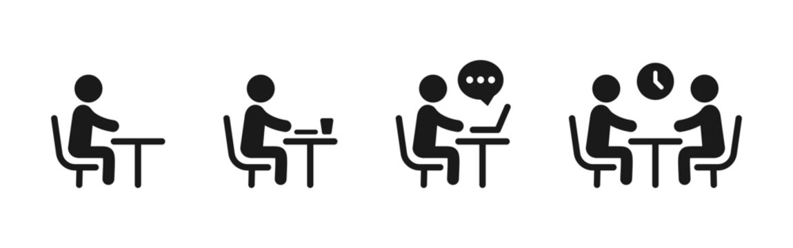 Business work and meeting vector icon showing people sitting at a table, working on laptop, chatting online, drinking coffee and discussing tasks. Clean human workplace and communication concept.
