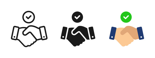 Handshake agreement icon set representing partnership, deal approval, trust and successful cooperation. Business collaboration symbol in outline, solid and colored styles for UI and web design.