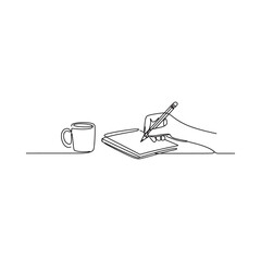 Minimalist line art of a pen notebook and coffee mug on a white background