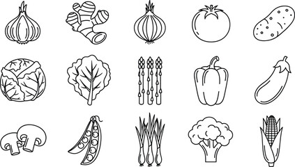 Vegetable, food, nutrition, icon, vector, black, line art, garlic, onion, tomato, potato, cabbage, lettuce, corn, broccoli, mushroom, illustration