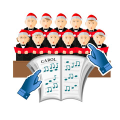 A conductor's hands in front of sheet music. The choir consists of two rows of men in black suits and christmas hats sing Carols, isolated on a white background. Vector Christmas Flat illustration