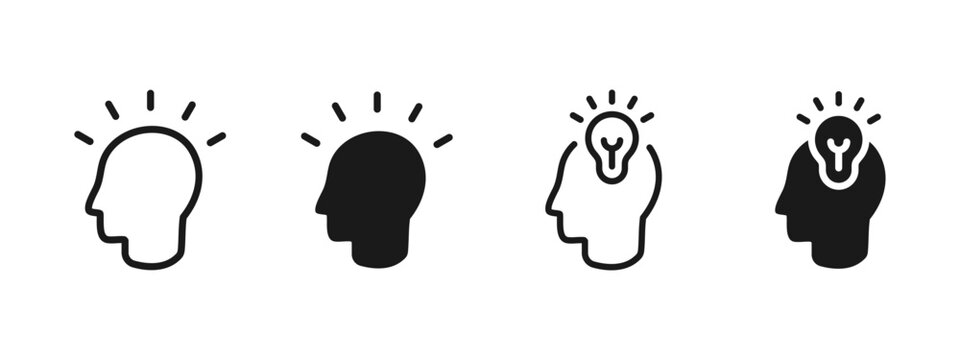 Inspiration icon. Idea and creative thinking head icon set with lightbulb symbol. Concept of innovation, inspiration, brainstorming and problem solving for business, startup and education design.