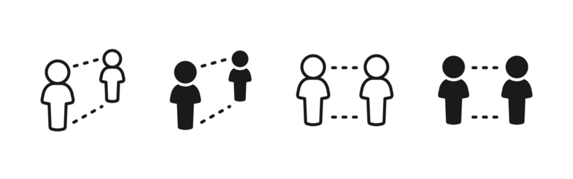 Social distance icon showing two people separated by safe space. Vector symbol for distancing, proximity control, personal space and communication range in UI and infographic design.