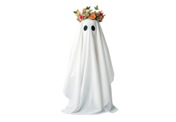 White sheet ghost with autumn flower crown wreath, isolated on a transparent background