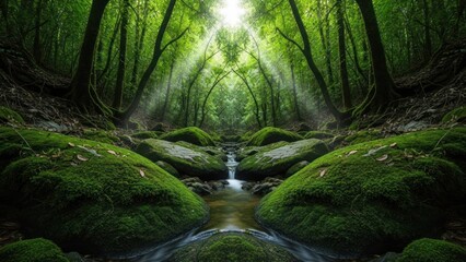 Obraz premium Forest stream flows between mossy rocks, sunbeams piercing the canopy above