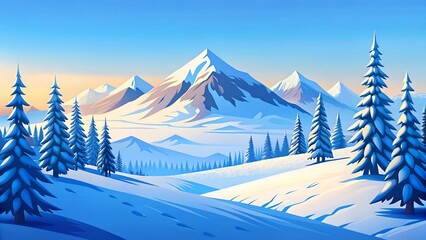 Snowy mountain landscape with pine trees and a clear blue sky during winter season