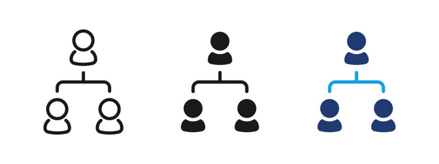 Organizational chart icon showing manager and employees in hierarchy. Business structure and leadership symbol for company management, roles distribution, workflow and corporate organization.