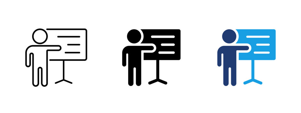Presentation icon showing person pointing at board. Business presentation and training symbol for meetings, lectures, education, strategy explanation and corporate communication.