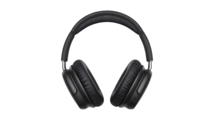 Modern black over ear headphones with plush earcups and padded headband, studio quality audio device for music listening and gaming isolated on white transparent background