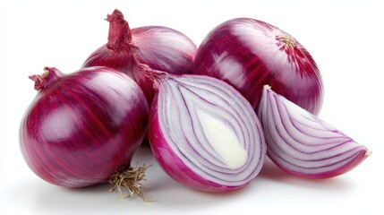 Group of fresh red onions, whole and halved, isolated on white background