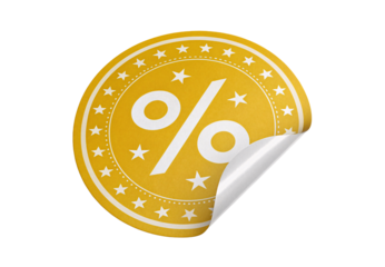 Gold percentage badge with stars and peeling corner, isolated on a transparent background