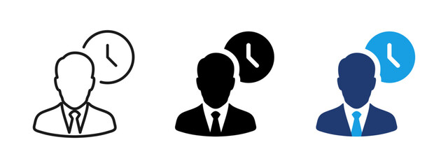 Employee icon showing office worker with clock. Business staff symbol representing working time, job schedule, corporate employee, HR, personnel and professional office work concept.