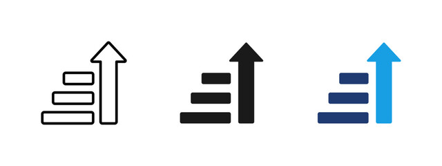 Growth arrow icon showing upward trend with increasing bars. Business analytics symbol representing increase, progress, performance, statistics, sales growth and positive financial results.