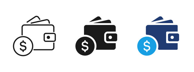 Wallet with money icon showing dollar coin. Finance symbol for payment, cash, income, budget management, banking, savings and personal financial transactions.