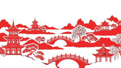 Traditional Red and White Chinese Landscape with Pagodas, Mountains, Bridges, and Trees in serene setting, suitable for cultural themes © Suhadi