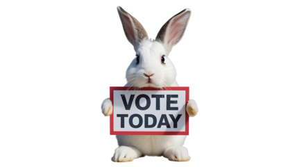 Cute fluffy white rabbit holding a red sign with black text saying vote today on a white background 
