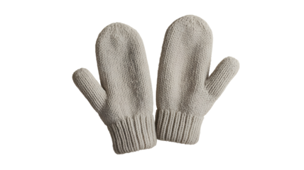 Cozy knitted wool mittens in a neutral beige color, designed for warmth and comfort during cold weather, presented as a pair on a clean white isolated  background