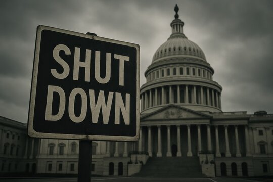 A sign with the word shutdown is placed in front of a government building during cloudy weather in the late afternoon hours.