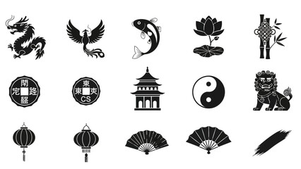 Various Chinese Culture Symbols Icon Set, Dragon, Phoenix, Pagoda, Lanterns in Black Silhouette on Isolated White Background © Suhadi