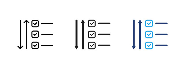 Prioritized checklist icon. Task list with check marks and up down arrows. Symbol of task management, sorting, planning and workflow organization for business, productivity and user interface design.