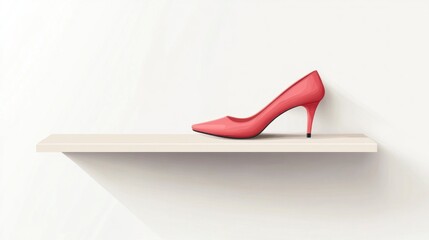 Elegant red high heel shoe displayed on a shelf against a white wall