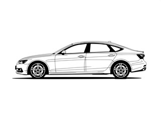 Fototapeta premium Monochrome vector illustration of a modern luxury sedan, minimalistic style, thick black contour lines, three-quarter view showing front and side, high contrast lighting, clean white background, brand