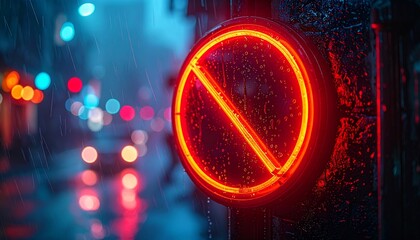 Red Prohibition Sign in Rainy City Night.