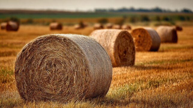 Large round hay bales scattered across a harvested agricultural field under warm golden hour light