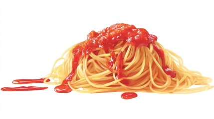 Freshly cooked spaghetti with rich tomato sauce on a clean white background