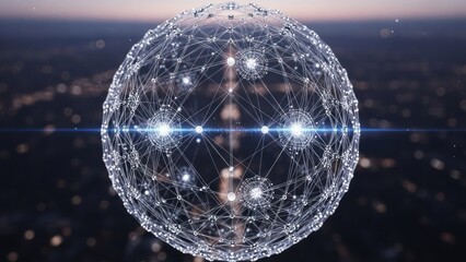Luminous networked sphere glows, bokeh lights dim in background