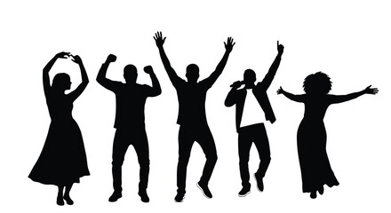 Silhouettes of people dancing and celebrating on white background vector
