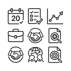 Business Planning and Success Icons 2026: Calendar, Handshake, and Target Line Art Vector