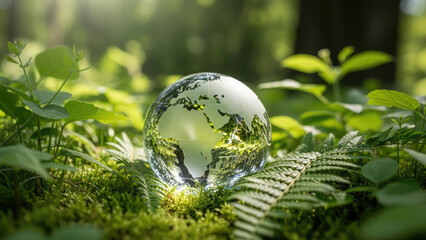 Crystal ball representing earth in lush green forest