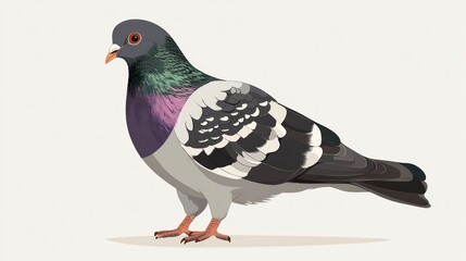 Illustrated pigeon graphic with detailed feathers and vibrant color scheme