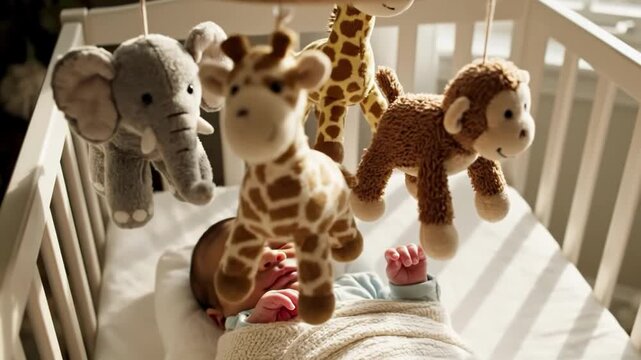 Baby sleeping in crib under a hanging mobile with stuffed animal toys