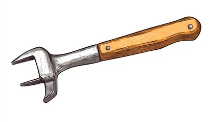 Illustrated wrench with wooden handle isolated on white background