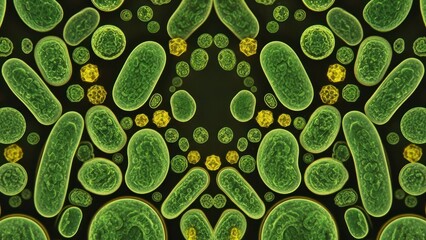 Microscopic organisms green bacteria, yellow specks on dark background, pattern